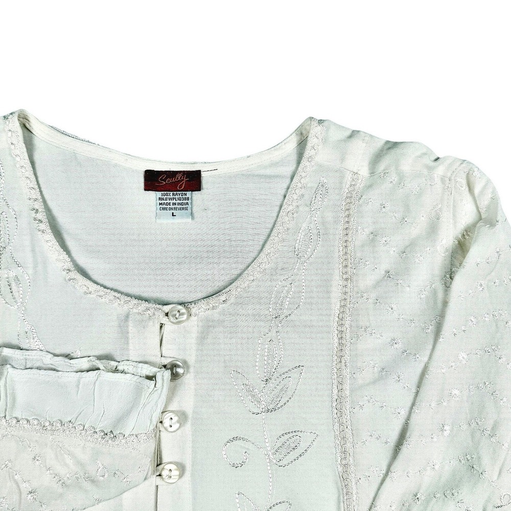 Scully Honey Creek Womens Blouse Ivory 100% Rayon Embroidered 3/4 Sleeve Sz L